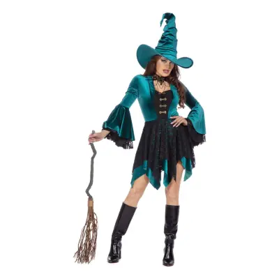 Häxa Klänning Sammet Grön Maskeraddräkt - 48